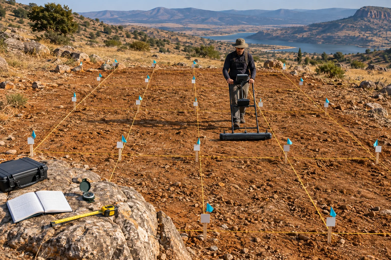Anadolu zemininde mavi işaretlerle kurulan dikdörtgen 3D tarama ızgarası ve sabit yükseklikte sensör